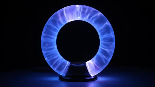 Mesmerizing blue plasma energy arcs within a futuristic circular lamp, creating a captivating glow in the dark.