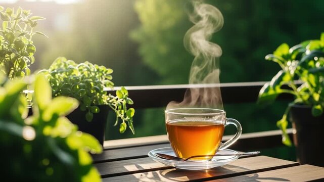 Steaming hot herbal tea in a clear glass mug on a wooden table with lush green plants and soft sunlight creating a serene
