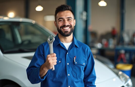 Smiling hispanic auto mechanic man holding adjustable wrench standing in garage. Technician in blue uniform repairing car. Vehicle maintenance service in workshop. Happy latin man with work tool. - Powered by Adobe
