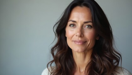 Fototapeta premium Middle-aged Caucasian woman with long dark hair smiles softly. She has well-groomed facial skin, gentle expression on her face. Portrait of a woman with wavy hair against plain white background.