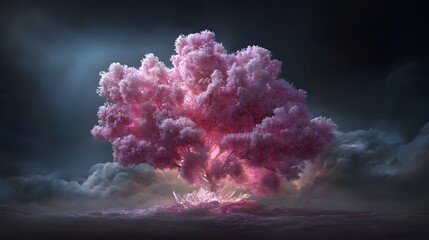 A vibrant pink tree glows amidst a mystical cloudy landscape.