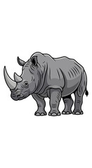 Fototapeta premium Cartoon illustration of a grey rhinoceros with a large horn standing on a white background.