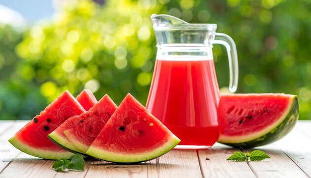 Watermelon slices and juice in glass pitcher on wooden table