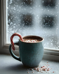 Cozy Hot Drink by Window on Snowy Day