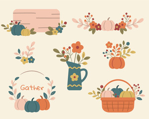 Autumn floral and pumpkin arrangement set in flat vector rustic style