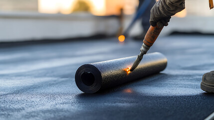 Roofer applying a roll of roofing felt with heat, ensuring a waterproof seal. Skilled trade in action during roof construction or repair.