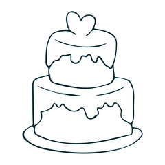Simple outline illustration of layered cake with dripping icing and heart topper