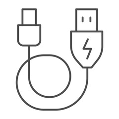 USB regular cord with adapter to mini thin line icon, tech concept. Vector graphics. Regular wire sign on white background, outline style icon for mobile or web design.