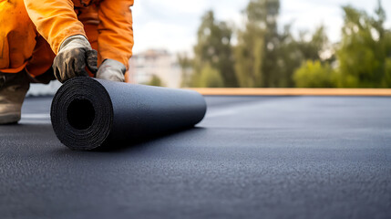 Roofer applying a roll of roofing felt on a flat roof surface. Installing roofing felt for waterproofing and durability. Professional roofing construction.