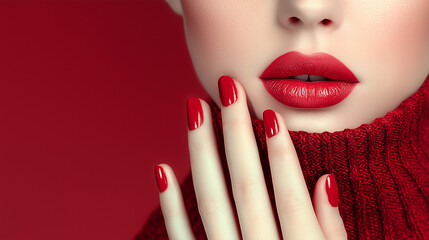 Beautiful girl with a classic make up and red nails. Manicure design. Beauty face.