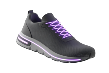 Modern dark grey sneaker with purple laces and luminous sole accents on a transparent background.