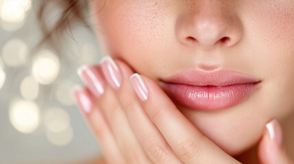 Lip Protection. Closeup of Beautiful Young Woman Healthy Lips. Female Model Mouth With Smooth Perfect Skin And Natural Manicure Touching Her Plush Lips. Lip Care And Beauty.
