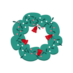 Elegant Christmas wreath with a red bells and green foliage. Festive and cozy design ideal for holiday greeting cards, prints, seasonal textile.