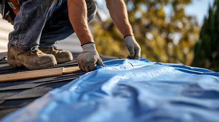 Roofer covering a roof with blue tarp. Weatherproofing a roof against rain and damage. Protecting home with temporary cover to ensure shelter and stability.