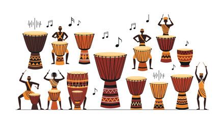 Vibrant musical expression through colorful djembe drums and rhythmic figures celebrating music