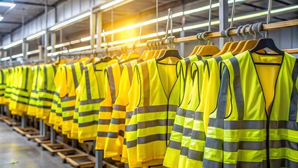 A rack of yellow safety vests with gray reflective stripes hangs neatly in a seemingly industrial or warehouse