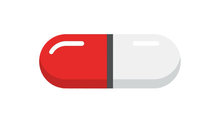 A vibrant red and white capsule pill, a depiction of medication and pharmaceutical treatments symbol