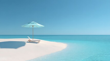 Beach umbrella and lounge chair on a serene sandy shore with turquoise ocean.