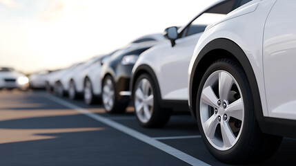 Cars lined up in a parking lot. The vehicles are in neutral colors like white and black. It looks like a dealership or rental car agency.