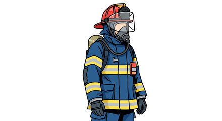 Detailed illustration of a firefighter in full protective gear standing isolated on a white