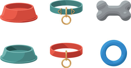Pet Accessories Including Bowls Collars and Bone With White Background Keywords: pet, dog, cat