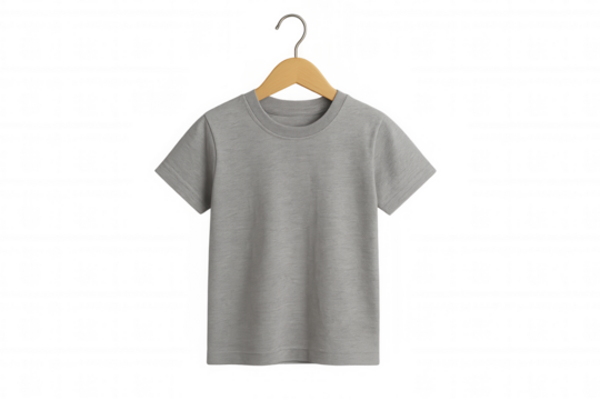 Grey blank t-shirt hanging on a wooden hanger, presenting a mockup for design or branding on transparent background