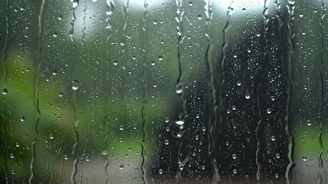 Raindrops streak down a windowpane on a gloomy, overcast day, blurring the green foliage and dark trees outside.