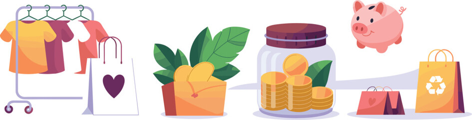 Shopping and Saving Icons With Clothes Piggy Bank and Bags Keywords: shopping, saving, money
