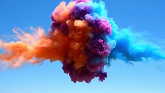 Vibrant colorful smoke plumes colliding against a clear blue sky