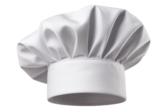 A traditional white chef's hat with pleats stands upright against a plain background, representing culinary professions and the art of cooking with crisp lighting.