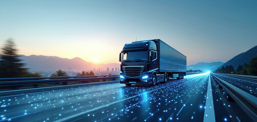 Dark semi truck drives on highway at sunset with digital data streams. Advanced logistics network connects cities and mountains. Future transport for cargo delivery.