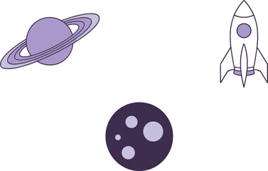 Space themed icons including Saturn, a rocket, and a moon on white Keywords: space, planet