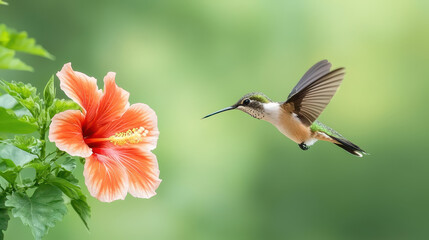 Naklejka premium Hummingbird hovering near vibrant hibiscus flower, showcasing beauty of nature and delicate interaction between wildlife and flora