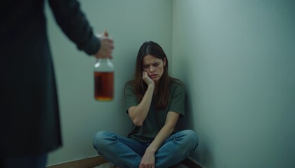 Distressed woman sits on floor in corner as person offers alcohol bottle. Female experiences anxiety, vulnerability, isolation, and fear, feeling trapped and worried in difficult situation.
