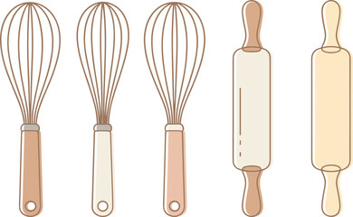 Three Whisks and Two Rolling Pins Kitchen Utensils egg beater baking