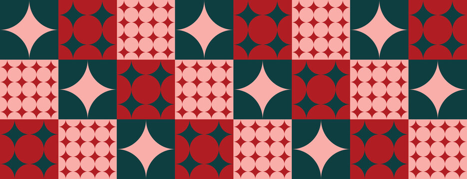 Geometric background with red and pink patterns. The background features red and pink star and circle designs in a tiled style. Minimal retro geometric star pattern vector background