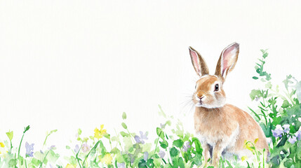 Obraz premium Watercolor rabbit sits gracefully among vibrant wildflowers, capturing serene and peaceful moment in nature