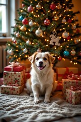Festive dog under christmas tree cozy living room pet photography holiday cheer warm atmosphere joyful scene