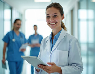 Smiling woman doctor holds tablet in clinic corridor. Female medic in lab coat uses digital tech. Healthcare worker consults online with telehealth, checks medical records with team.