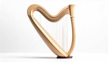 Classical wooden harp with curved neck, triangular frame, and vertical strings, polished finish highlighting craftsmanship and elegance, evoking musical tradition, resonance, and symbolic refinement.