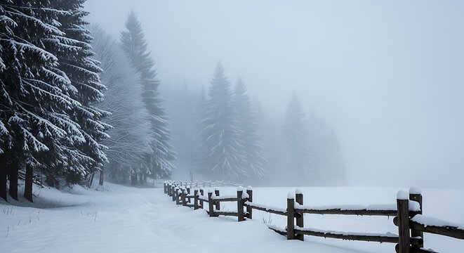 Winter landscape with snowcovered trees and a wooden fence
