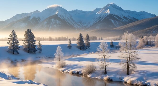 Misty winter landscape with snowcovered mountains and a river