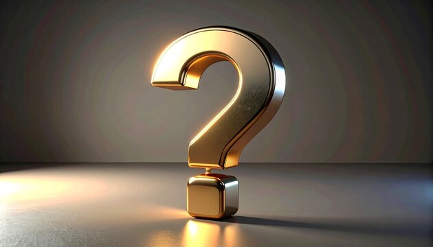 Golden 3D question mark standing upright on gradient background, metallic sheen with dramatic lighting and shadow, evoking curiosity, inquiry, and symbolic uncertainty.