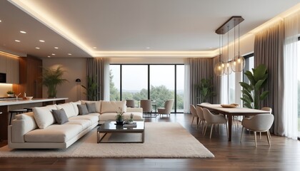 Fototapeta premium Modern living room with white sofa, armchairs, wooden dining table, chairs. Large window with city view, plants, lamp. Minimalist interior design with warm lighting, dark wood floor, beige rug.