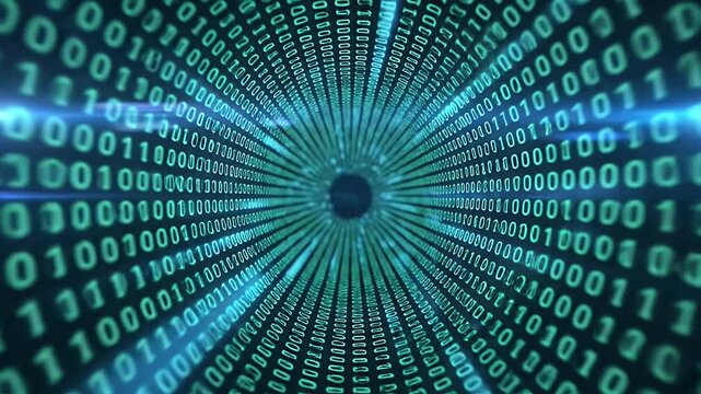 Digital Tunnel Composed of Binary Code in Teal Light Against Black Background