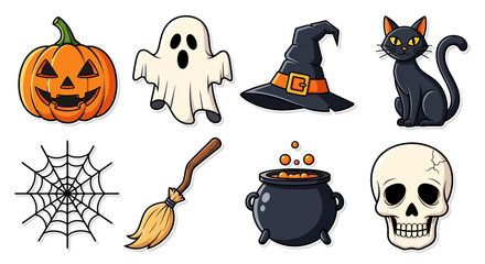 Colorful set of cute cartoon Halloween sticker icons for holiday design. A spooky collection of isolated vector elements like a pumpkin, ghost, and skull