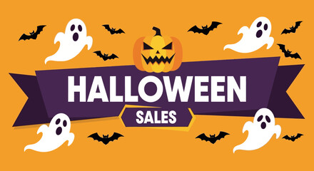 Vector illustration of a Halloween promotional banner with a carved pumpkin, spooky ghosts, and flying bats for seasonal sales