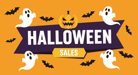 Spooky Halloween holiday promotion banner with ghosts, bats, and a jack-o-lantern pumpkin. Vector illustration for seasonal discounts and offers