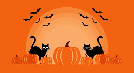 Spooky Halloween night scene featuring two black cats guarding a patch of pumpkins under a glowing orange moon with bats
