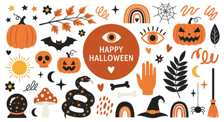 Fototapeta premium A mystical boho Halloween collection featuring cute and spooky icons, including jack-o'-lanterns, witch hats, and celestial symbols